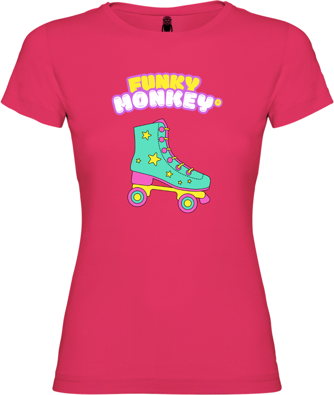 Front view of the FUNKY MONKEY® women’s Rollerbladed T-shirt in hot pink with 80’s rollerblade print