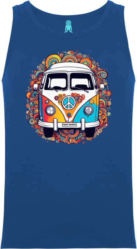 Front view of the royal blue FUNKY MONKEY® Rollin’ Free tanktop with retro camper design