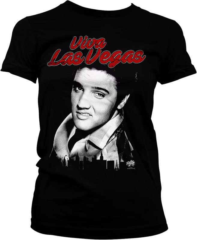 Front view of black women’s T-shirt with black and white Elvis photo and red Viva Las Vegas text – FUNKY MONKEY®