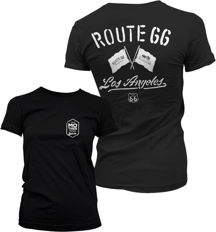 Black women’s T-shirt with Route 66 chest logo and large Route 66 back print with Los Angeles text – FUNKY MONKEY®