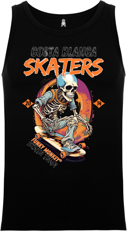 Front view of black FUNKY MONKEY® Skater Bones tanktop with bold skeleton skateboard design