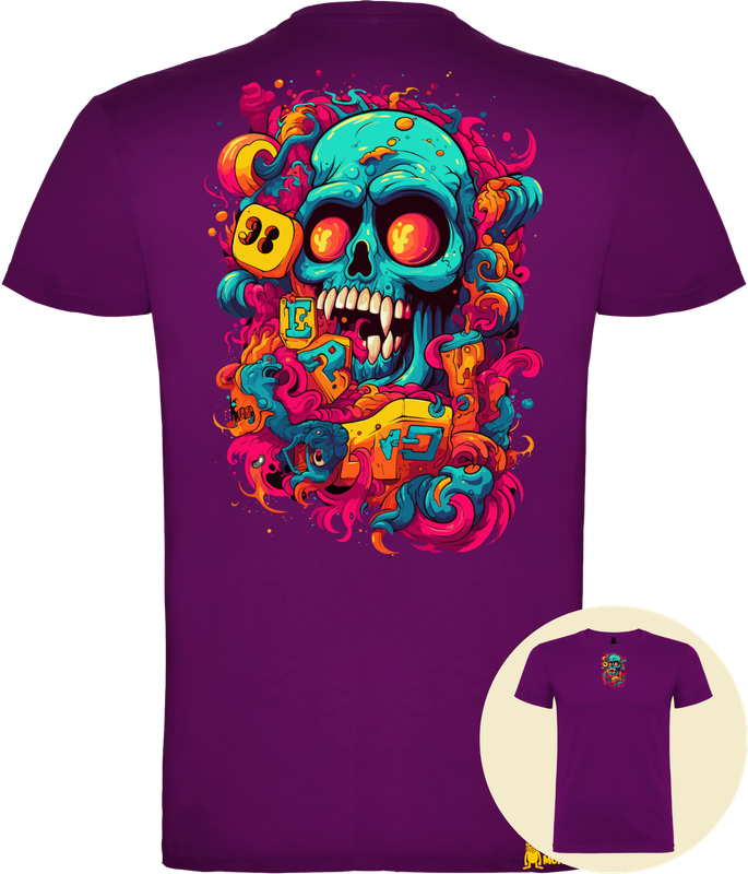 Back view with big psychedelic skull print + small front view at bottom right – FUNKY MONKEY® unisex tee