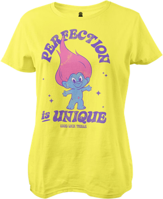 Front view of yellow women’s T-shirt with troll print and Perfection Is Unique text – FUNKY MONKEY®
