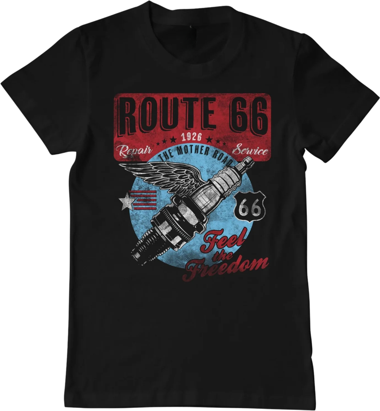 Front view black unisex Route 66® T-shirt with retro spark plug design and slogan Feel the Freedom