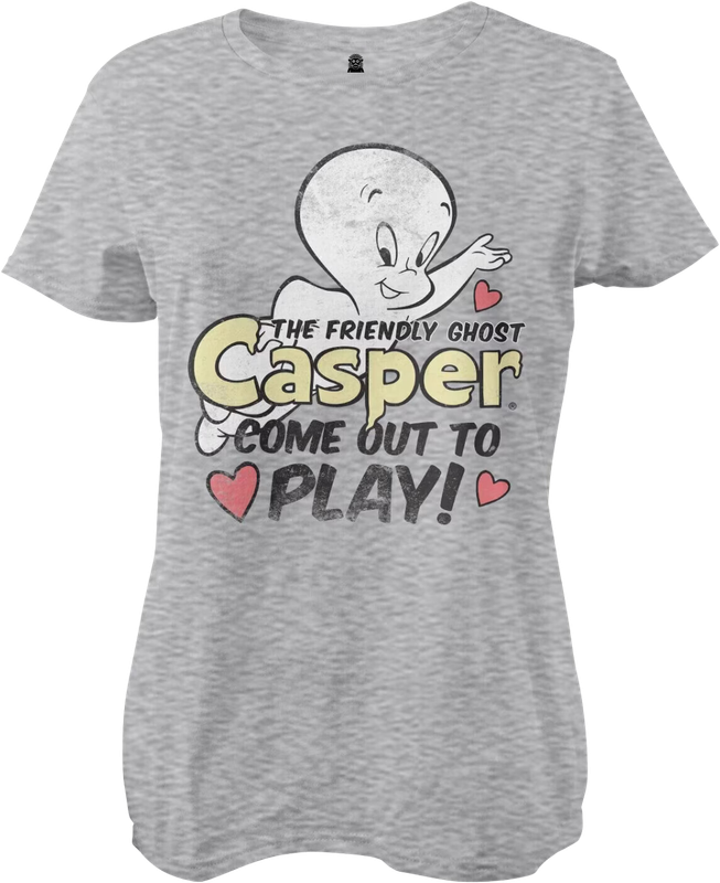 Front view of heather grey women’s T-shirt with Casper the Friendly Ghost and text Casper come out to play – FUNKY MONKEY®