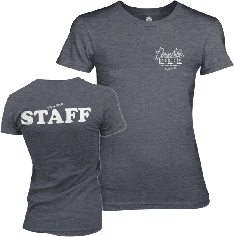 Front and back view of dark heather women’s Double Deuce Road House T-shirt with white chest and back print – FUNKY MONKEY®