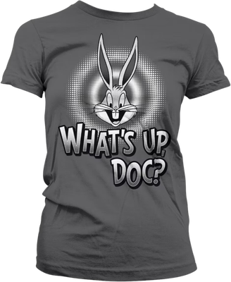Vooraanzicht van donkergrijs dames T-shirt met Bugs Bunny en tekst What’s Up Doc – FUNKY MONKEY®