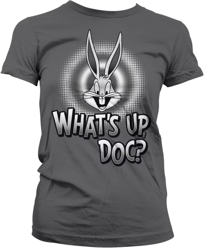 Front view of dark grey women’s T-shirt with Bugs Bunny and What’s Up Doc text – FUNKY MONKEY® 