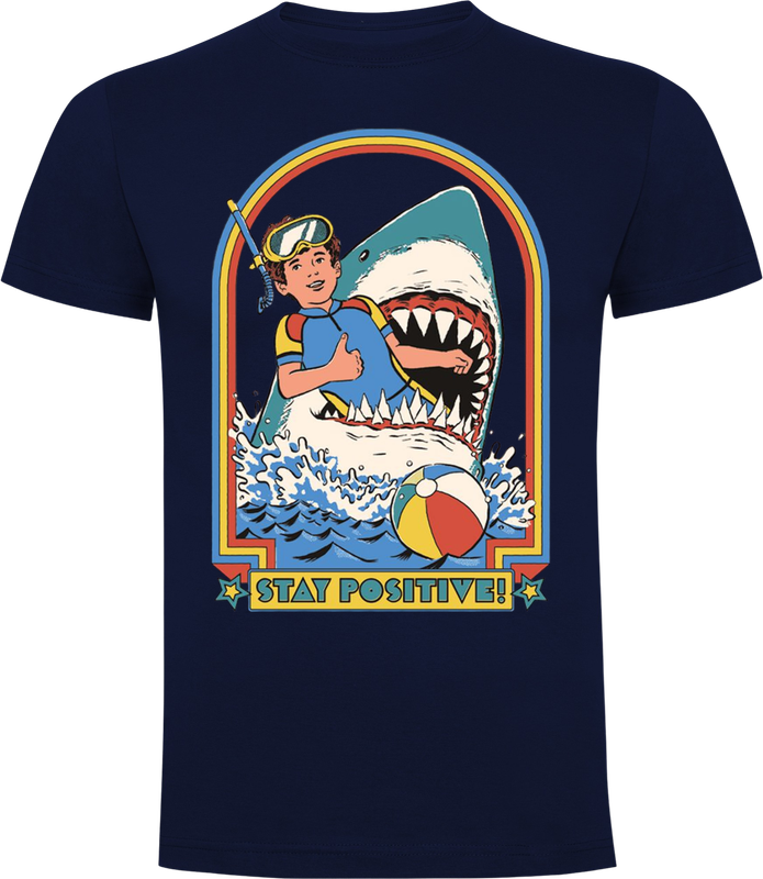 Navy unisex t-shirt with Steven Rhodes Stay Positive print of boy with thumbs up and shark behind