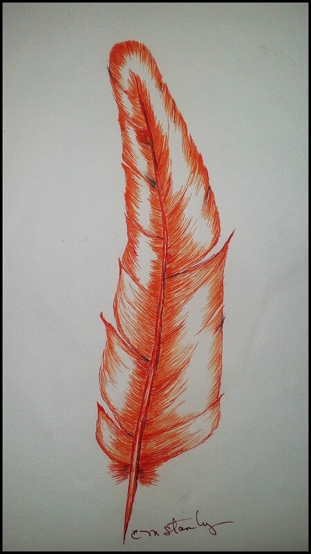 Orange Feather, Ink of 6 x 12 Paper. Unframed.