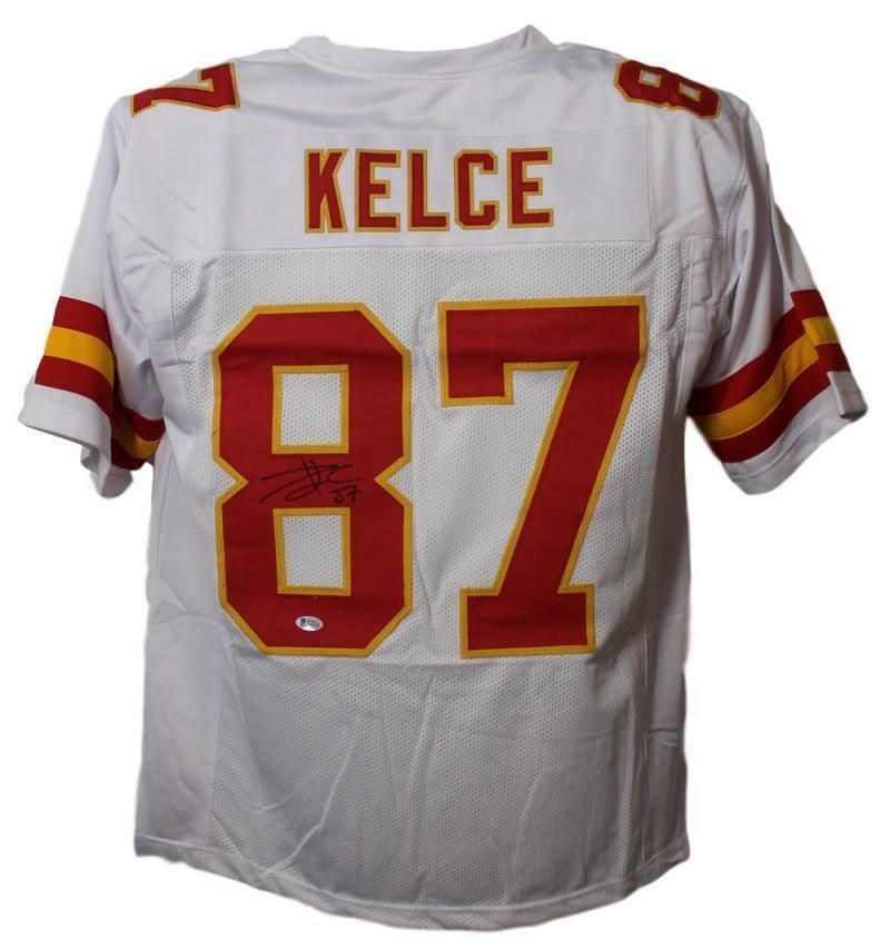 Travis Kelce Autographed Kansas City Chiefs White XL Jersey in Black BAS