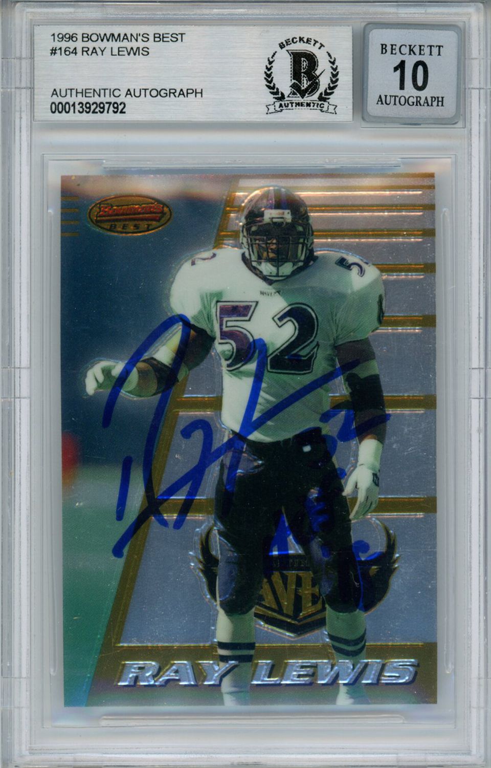 Ray Lewis Signed 1996 Bowman&#39;s Best #164 Rookie Card HOF BAS 10 Slab