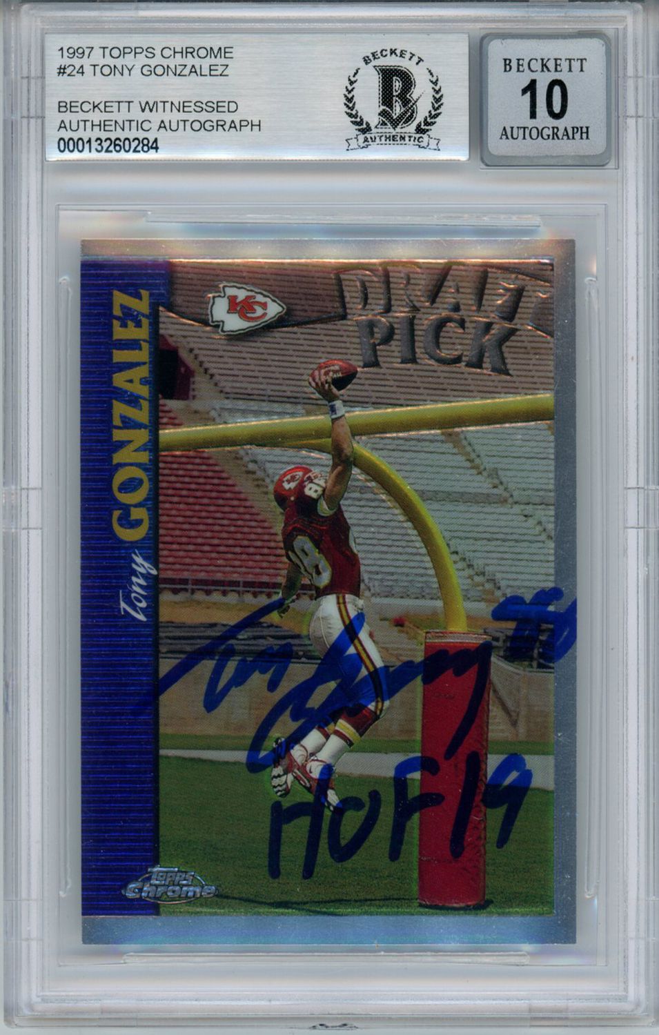 Tony Gonzalez Autographed 1997 Topps Chrome Rookie Card HOF BAS 10 Slab