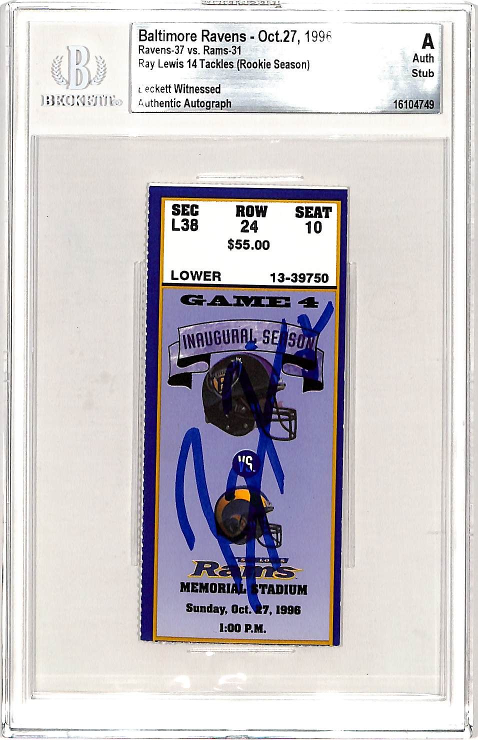 Ray Lewis Signed Baltimore Ravens 10/27/96 Ticket Stub Slab Beckett