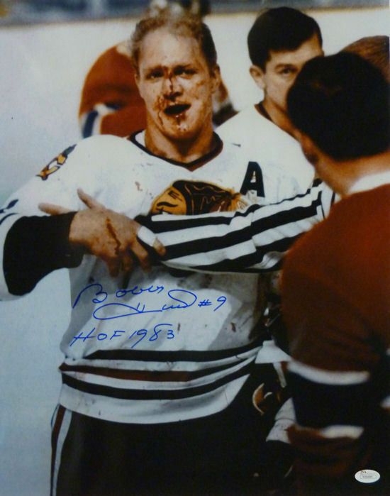 Bobby Hull Autographed Bloody Chicago Blackhawks 16x20 Photo w/HOF 1983 JSA