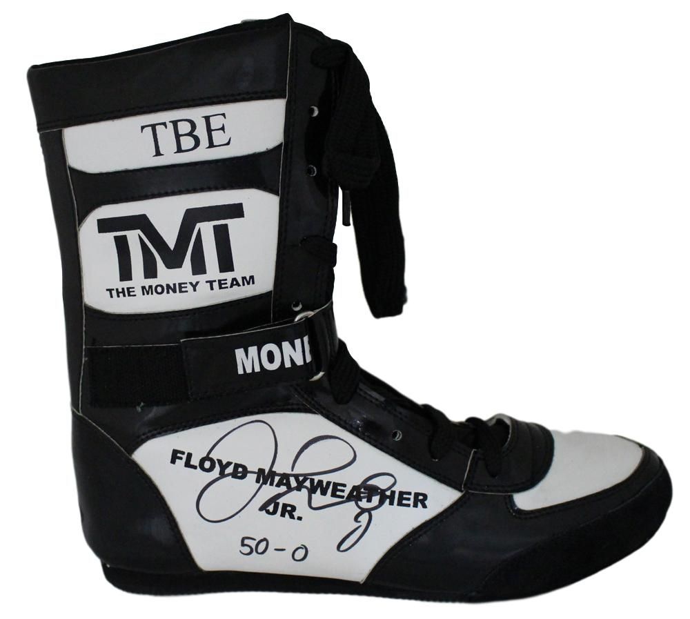 Floyd Mayweather Jr Autographed TMT TBE Black Right Boxing Shoe 50-0 BAS