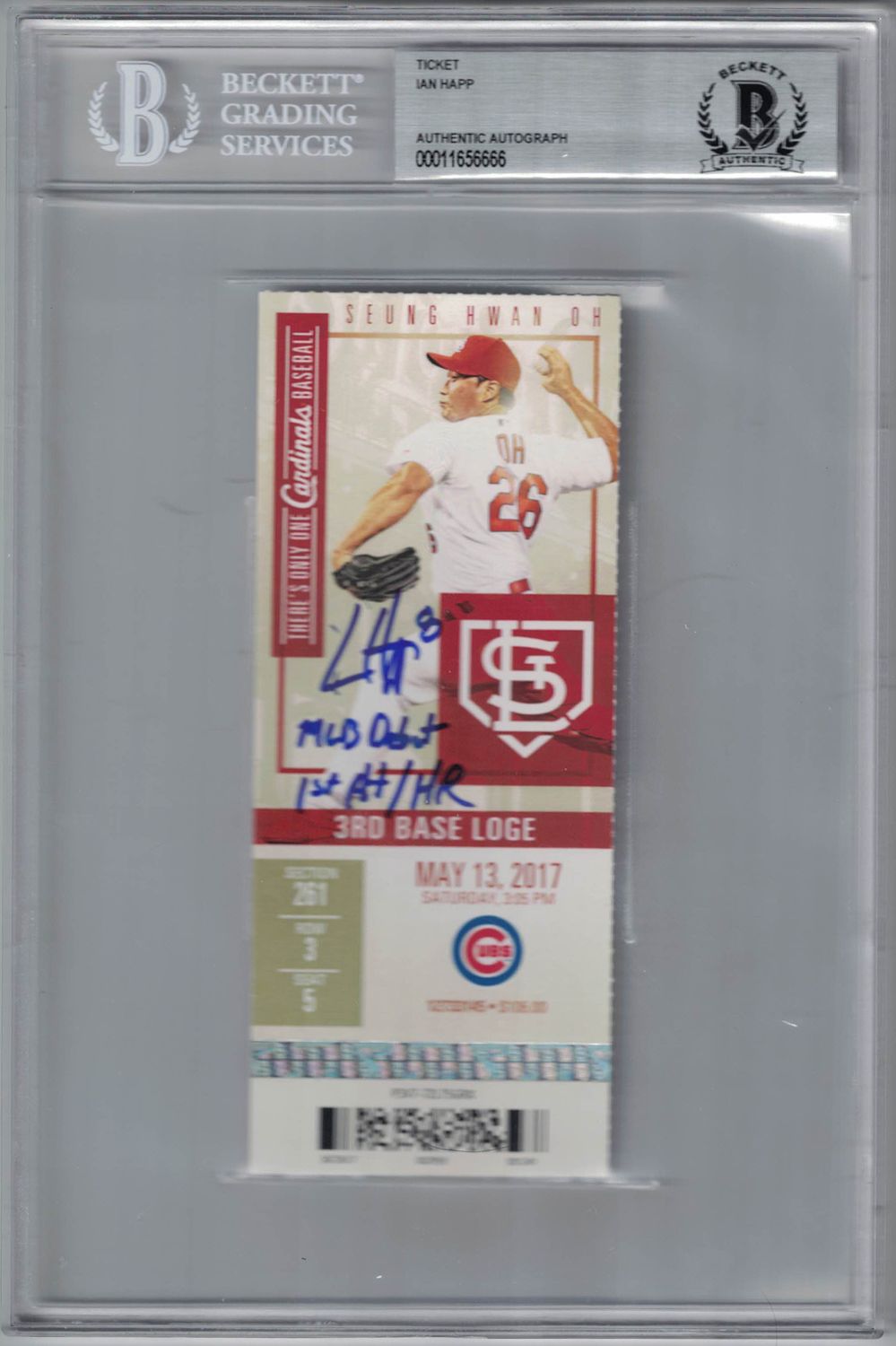 Ian Happ Autographed Chicago Cubs Ticket MLB Debut 1st Hit/HR BAS Slab