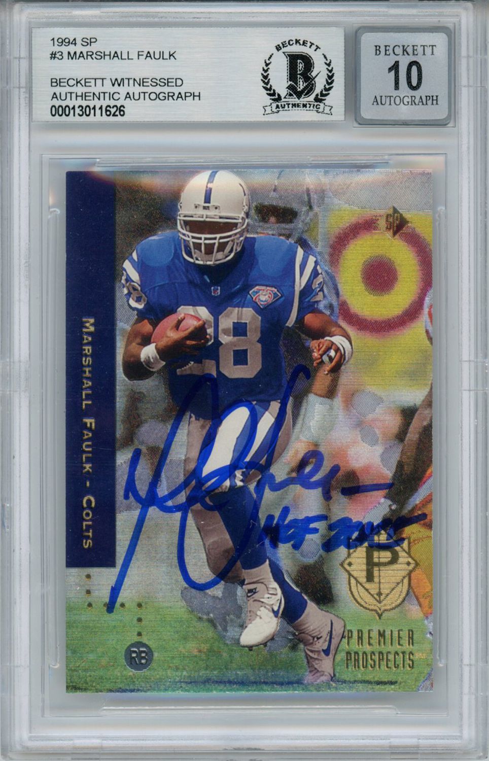 Marshall Faulk Autographed 1994 SP #3 Rookie Trading Card BAS 10 Slab