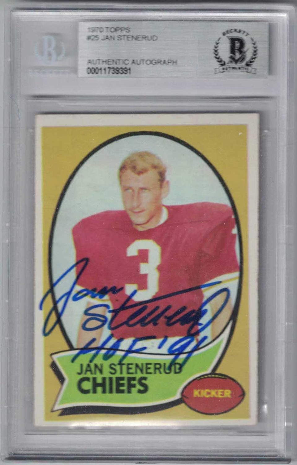 Jan Stenerud Autographed Kansas City Chiefs 1970 Topps #25 Card BAS Slab