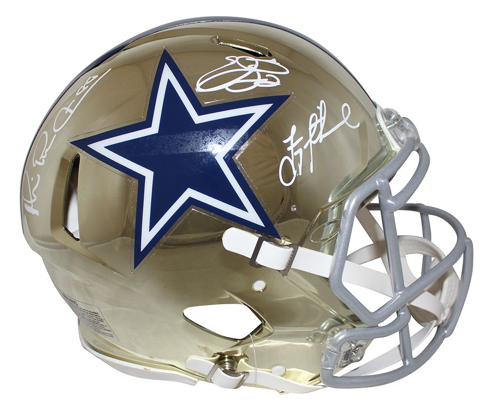 Cowboys Triplets Signed Authentic Chrome Helmet Aikman Smith Irvin BAS