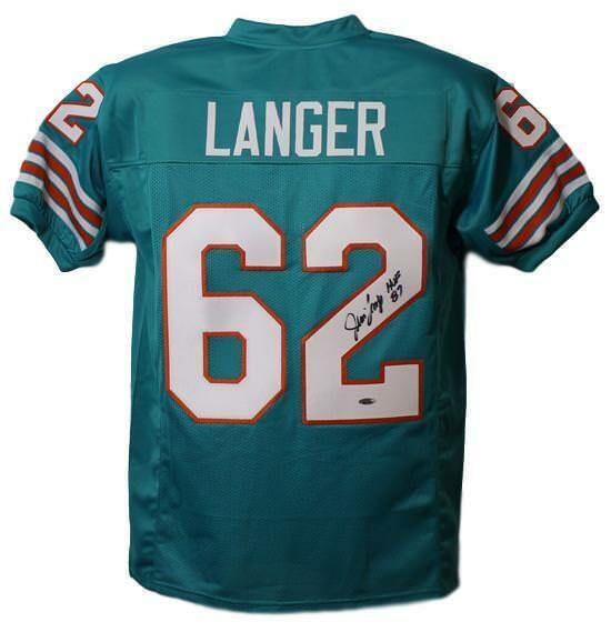 Jim Langer Autographed Miami Dolphins teal size XL jersey w/HOF 87