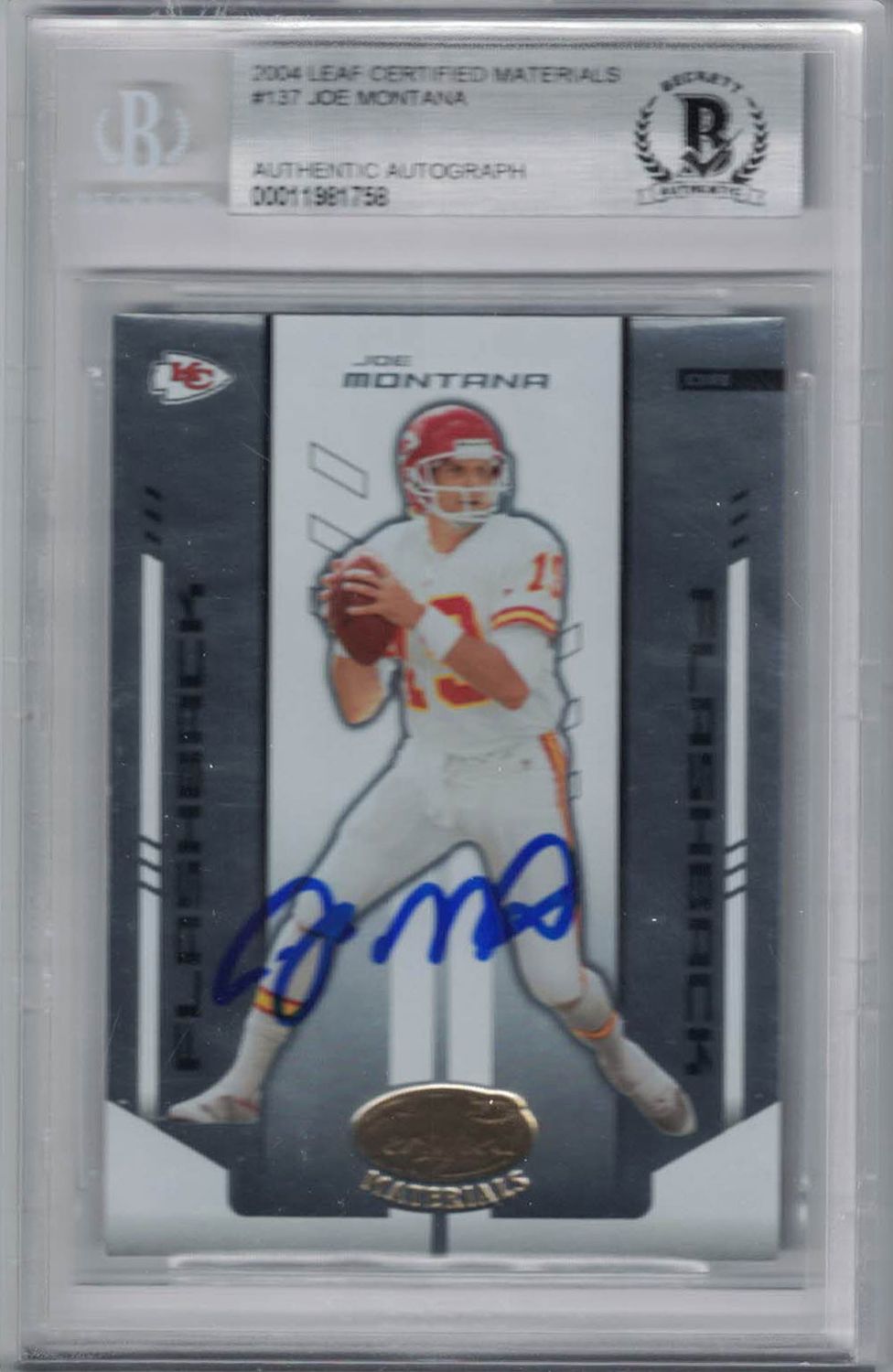 Joe Montana Signed Kansas City Chiefs 2004 Leaf Certified Material Card BAS