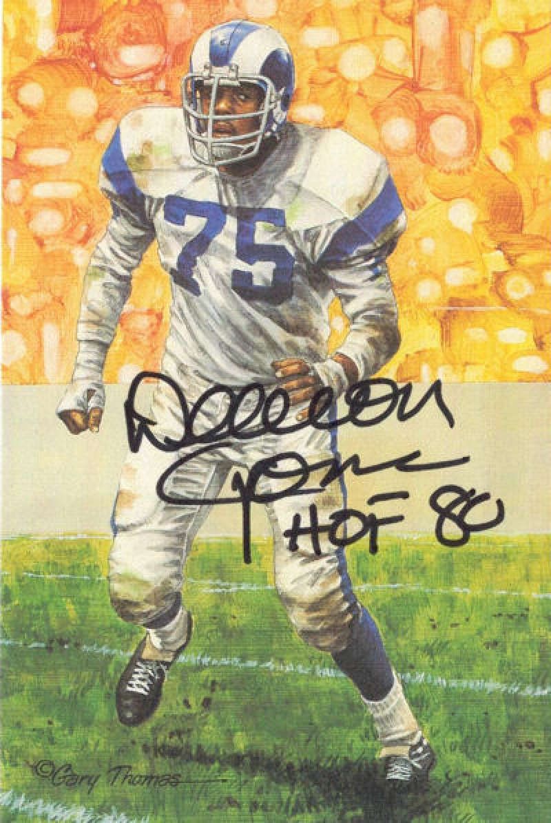 Deacon Jones Autographed Los Angeles Rams Goal Line Art Card in Black w/HOF 80