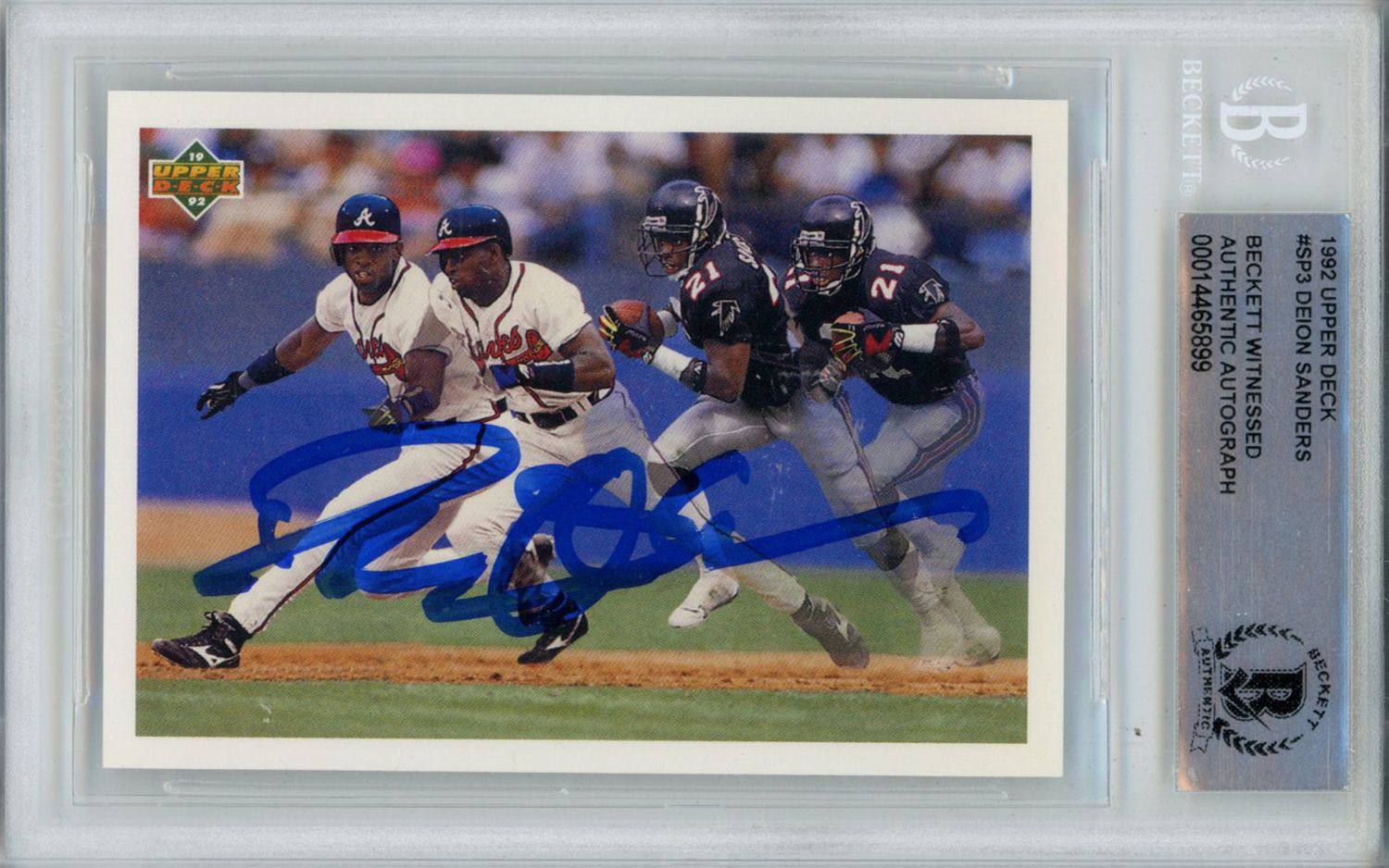 Deion Sanders Autographed 1992 Upper Deck SP3 Trading Card Beckett Slab
