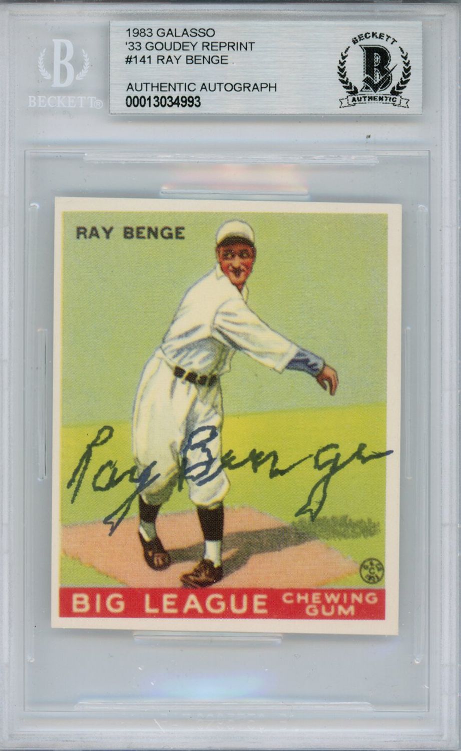 Ray Benge Signed 1983 Galasso &#39;33 Goudey Reprint #141 Card Beckett Slab