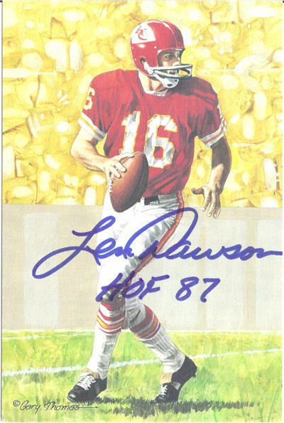 Len Dawson Autographed Kansas City Chiefs Goal Line Art Blue w/HOF 87