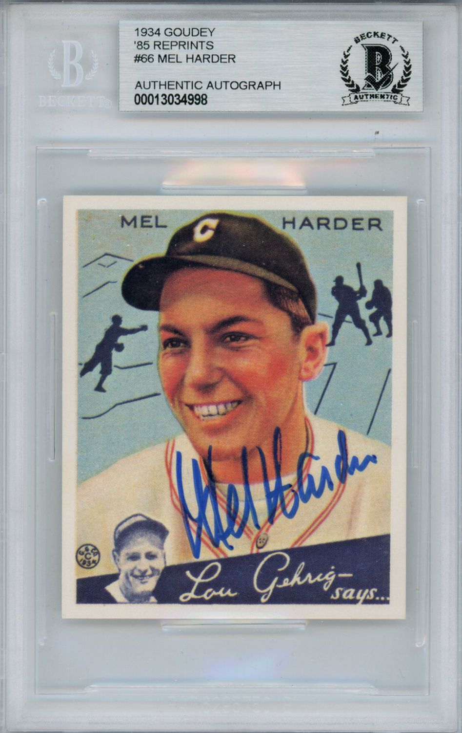 Mel Harder Autographed 1934 Goudey &#39;85 Reprints #66 Card Beckett Slab