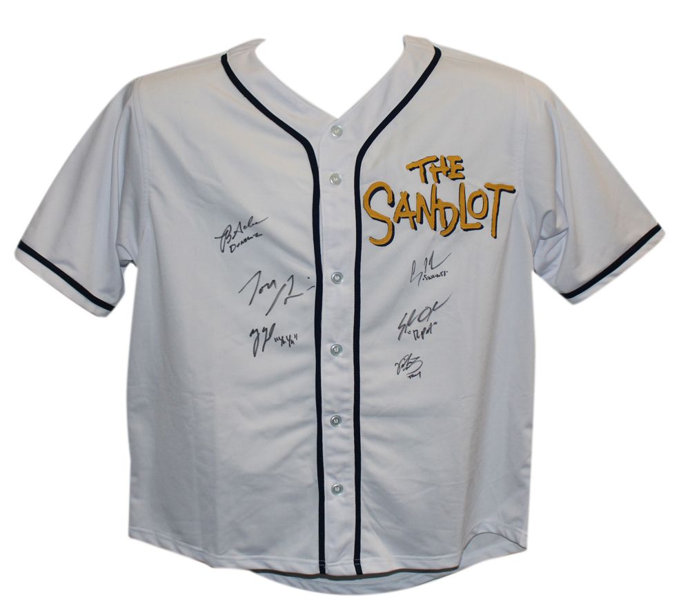 The Sandlot Autographed/Signed White XL Jersey 6 Sigs Tom Guiry BAS