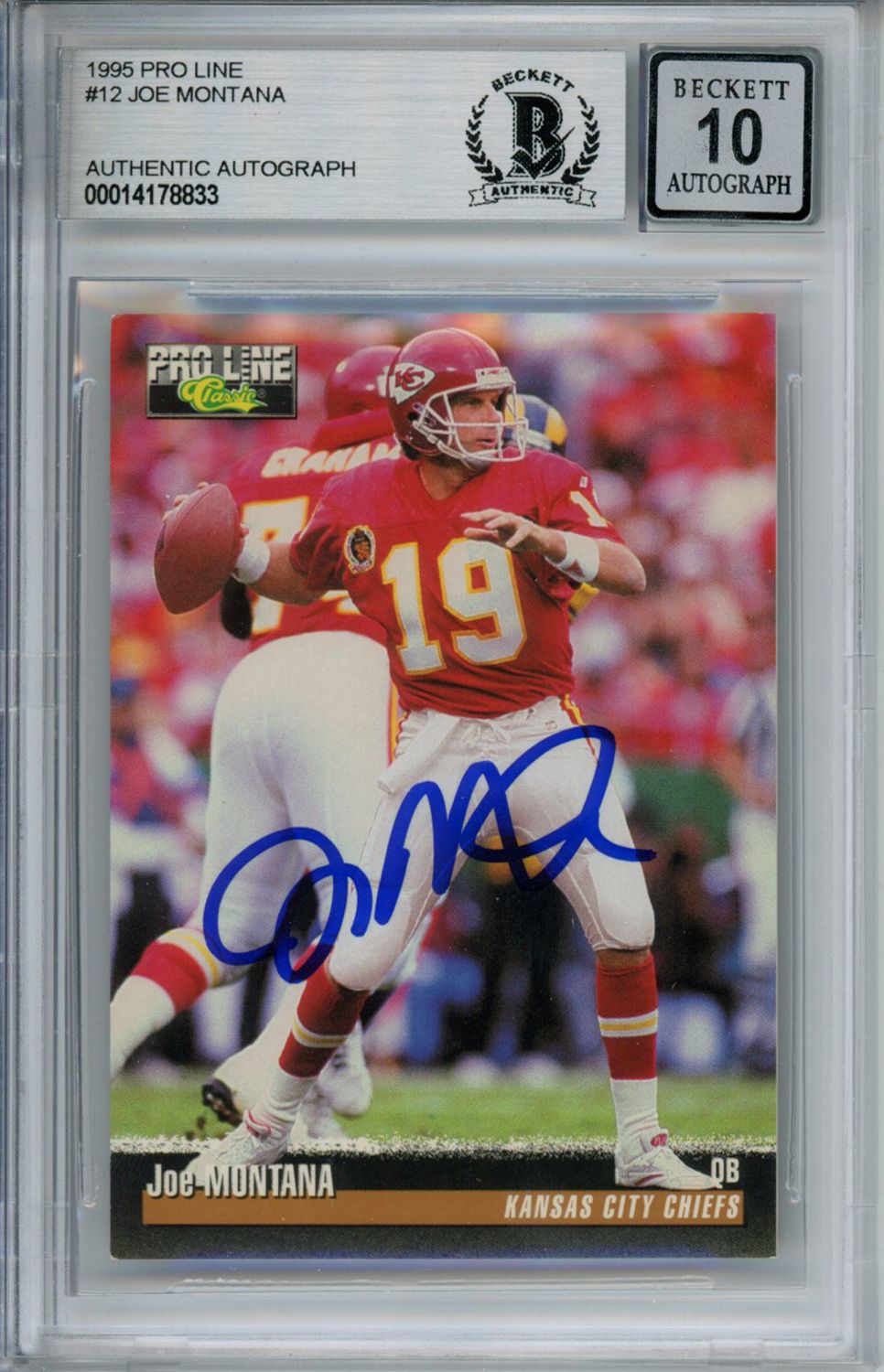 Joe Montana Autographed 1995 Pro Line #12 Trading Card Beckett 10 Slab