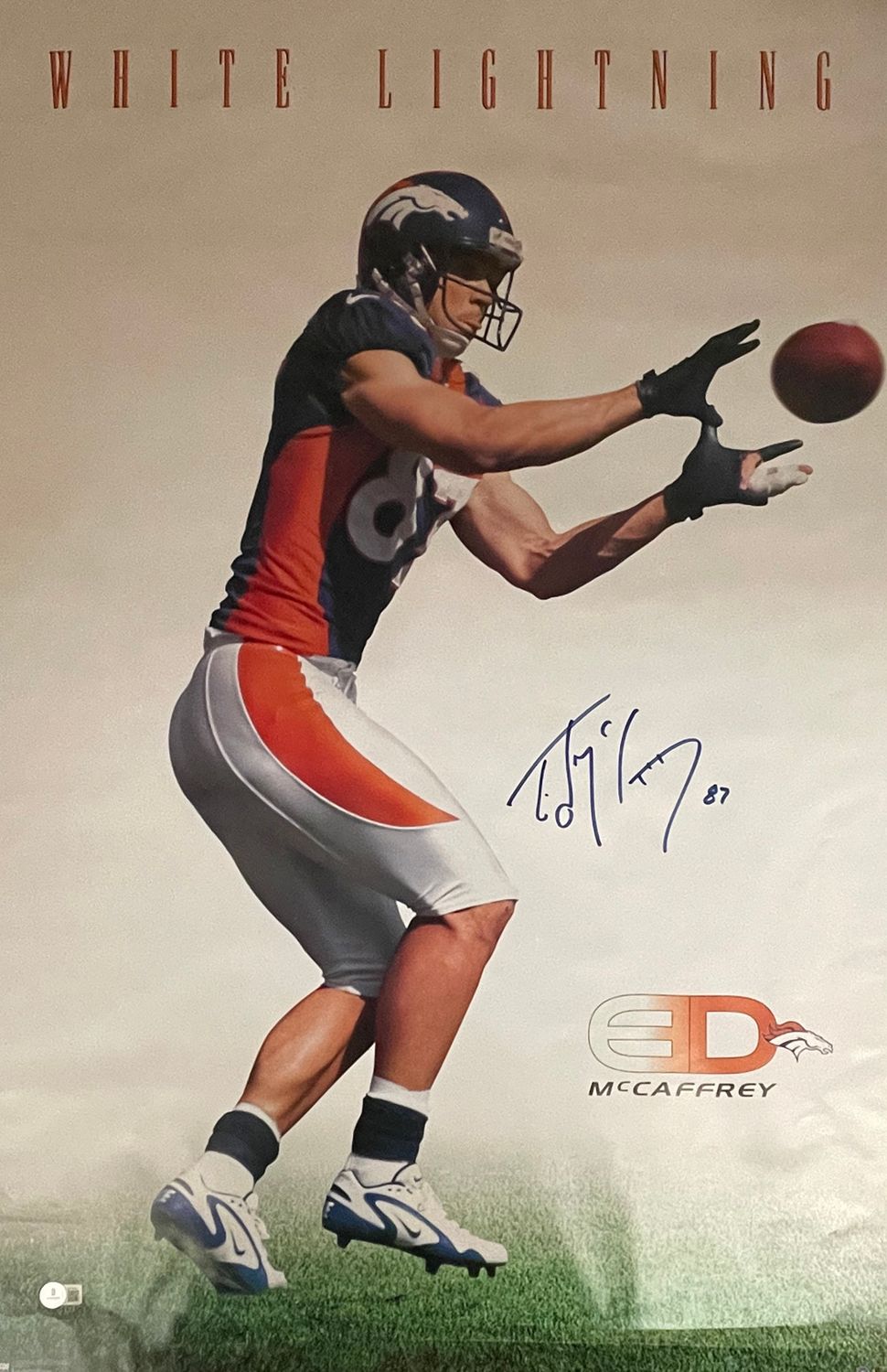 Ed McCaffrey Signed Denver Broncos 35x23 White Lightning Poster BAS 45005