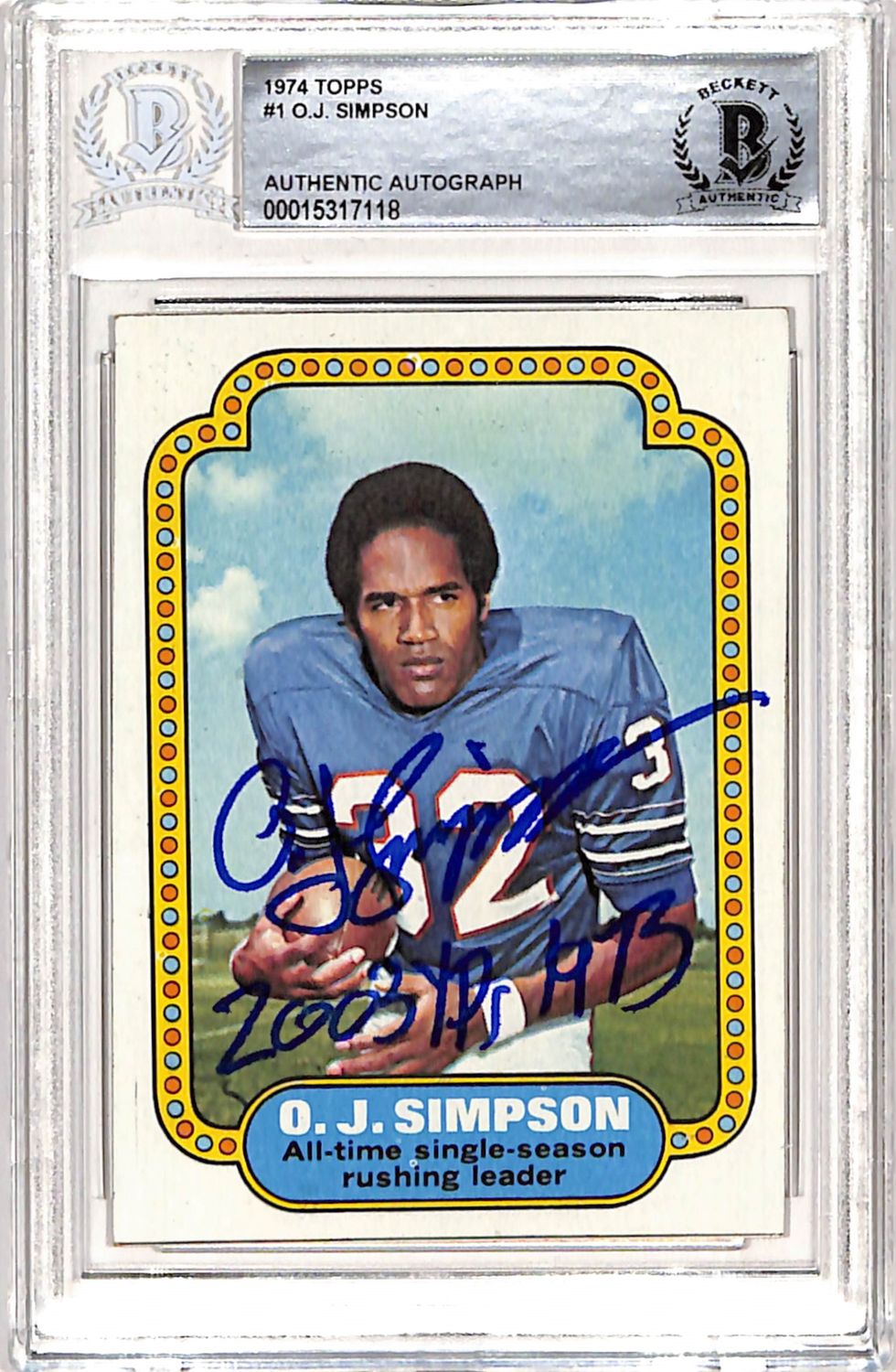 OJ Simpson Autographed/Signed 1974 Topps &quot;2003 Yds&quot; Trading Card BAS