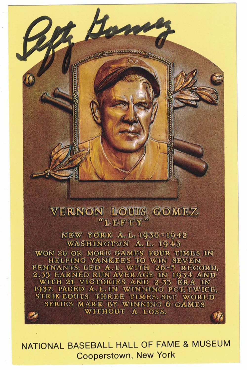 Lefty Gomez Autographed New York Yankees Hall Of Fame Plaque Postcard BAS