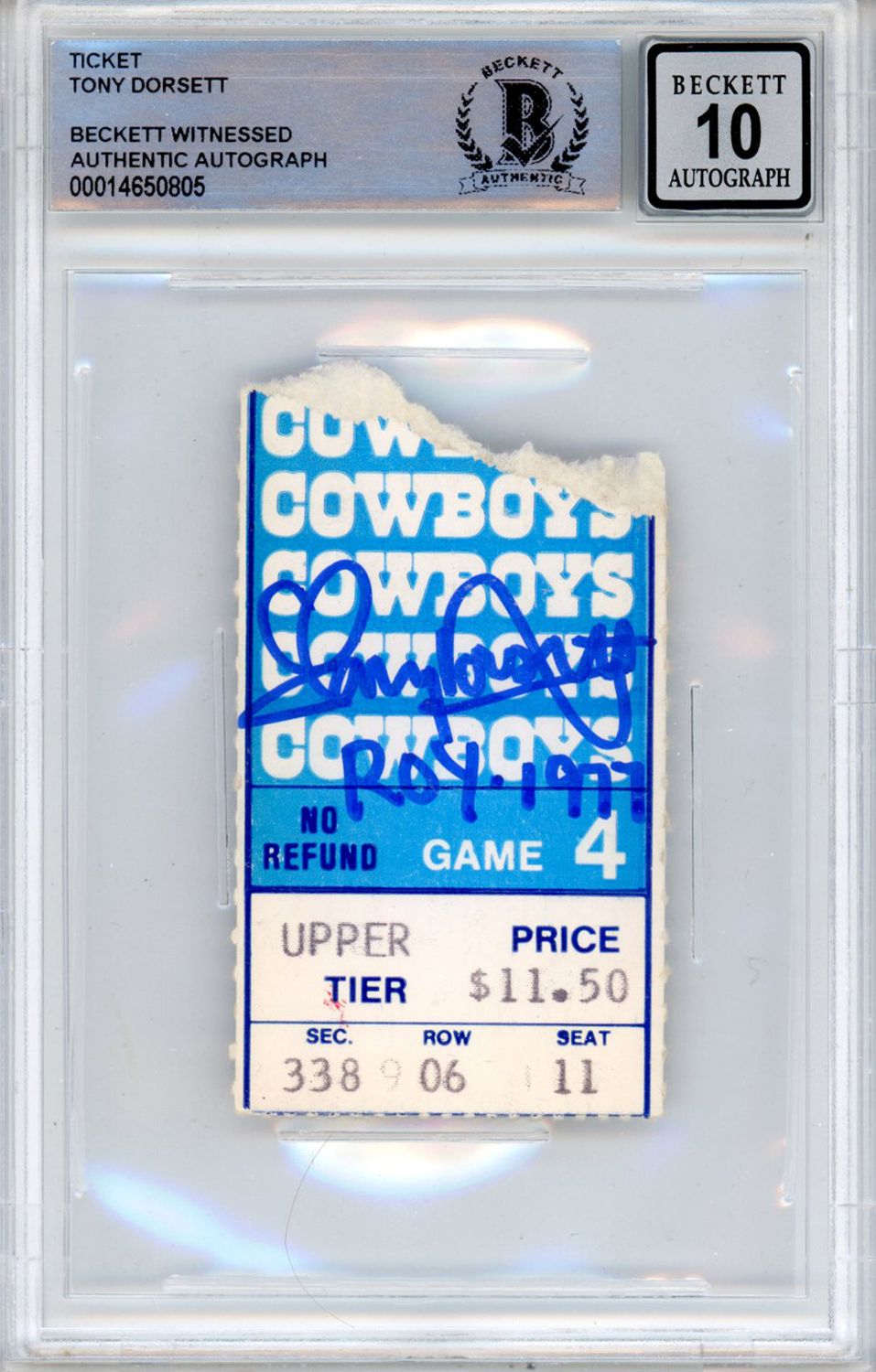 Tony Dorsett Autographed 11/6/1977 vs Giants Ticket Stub Beckett Slab