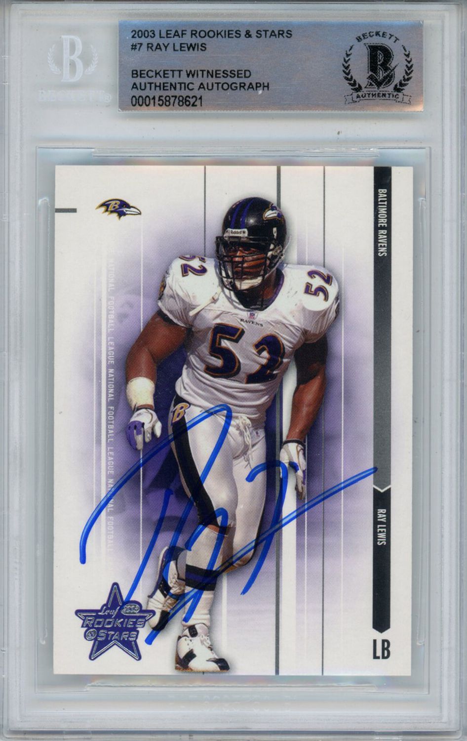 Ray Lewis Signed 2003 Leaf Rookies &amp; Stars #7 Trading Card Beckett Slab