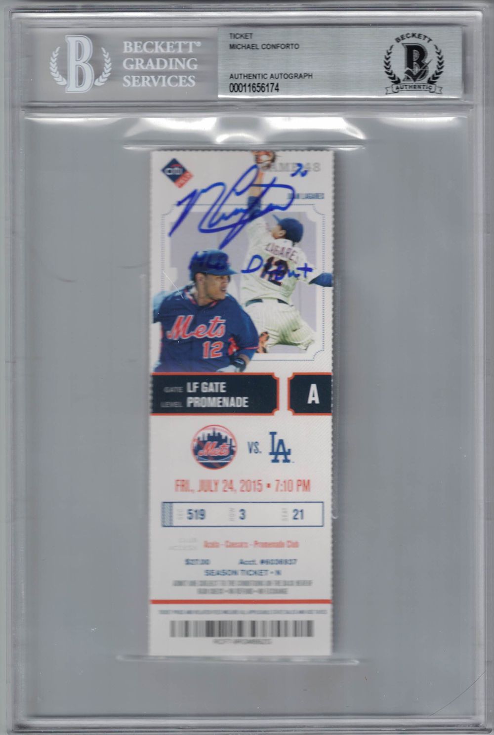 Michael Conforto Autographed/Signed New York Mets Ticket Debut BAS Slab