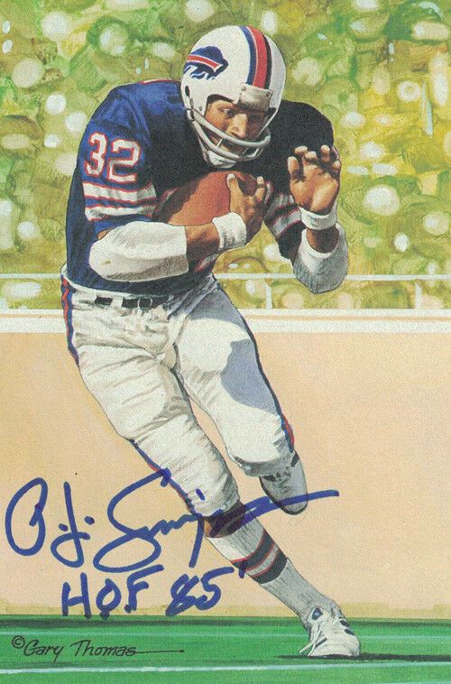 OJ Simpson Autographed Buffalo Bills Goal Line Art Card in Blue HOF JSA