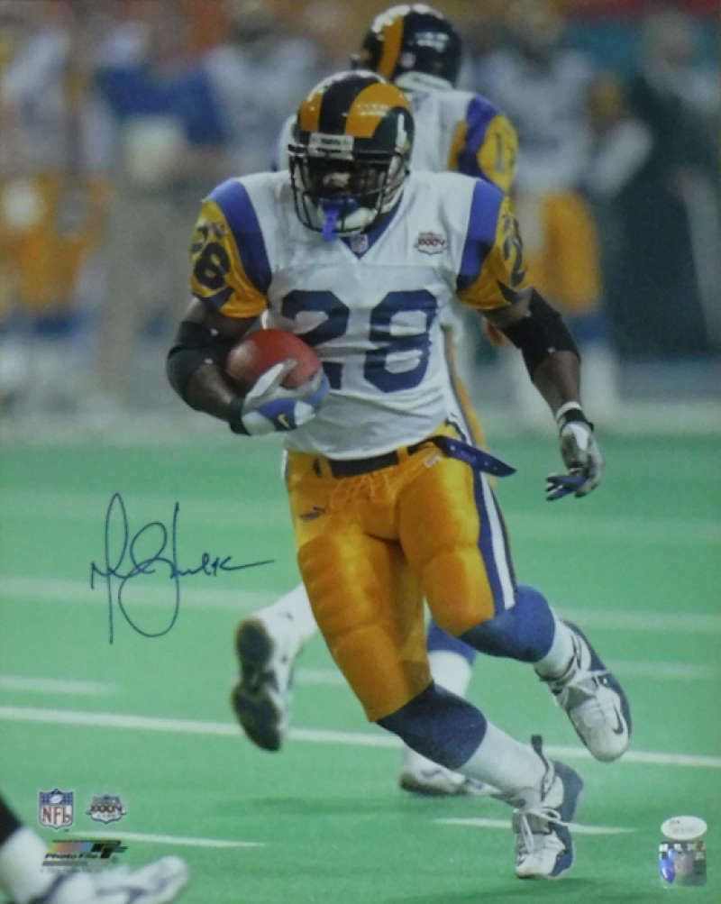 Marshall Faulk Autographed Los Angeles Rams 16x20 Photo (White Name Only) JSA