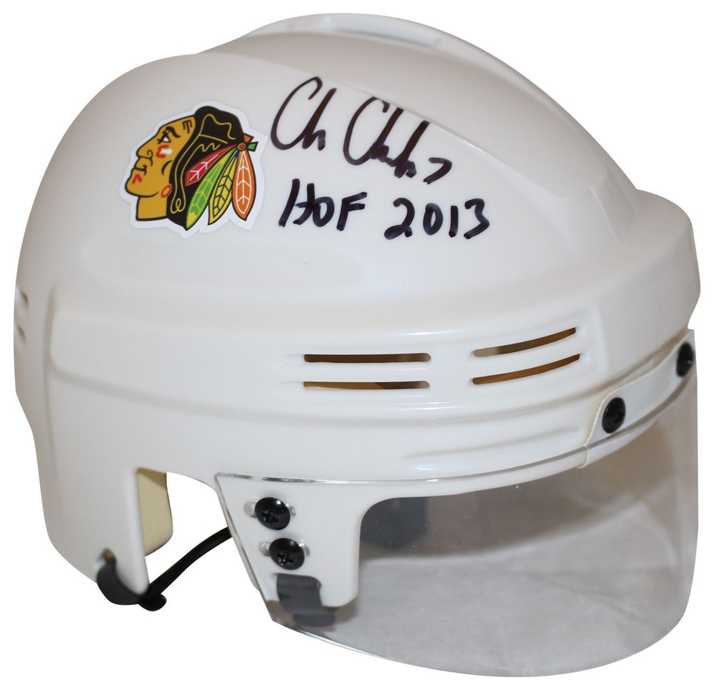 Chris Chelios Signed Chicago Blackhawks White Mini Helmet HOF Beckett
