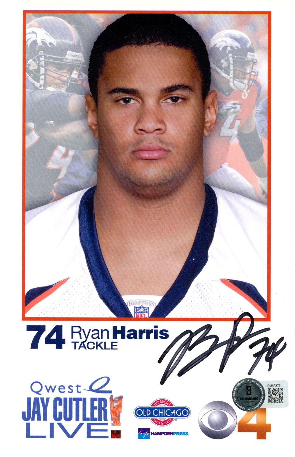 Ryan Harris Signed Denver Broncos 8.5x6.5 Quest Ad Card Beckett 45087