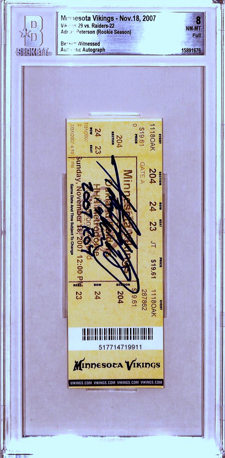 Adrian Peterson Signed Minnesota Vikings 11/18/07 &#39;07 ROY Slab Ticket BAS