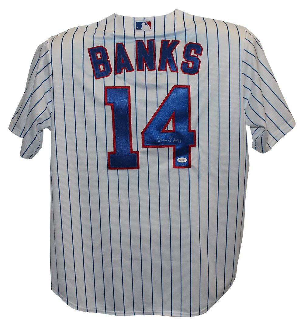 Ernie Banks Autographed/Signed Chicago Cubs Majestic White XL Jersey JSA