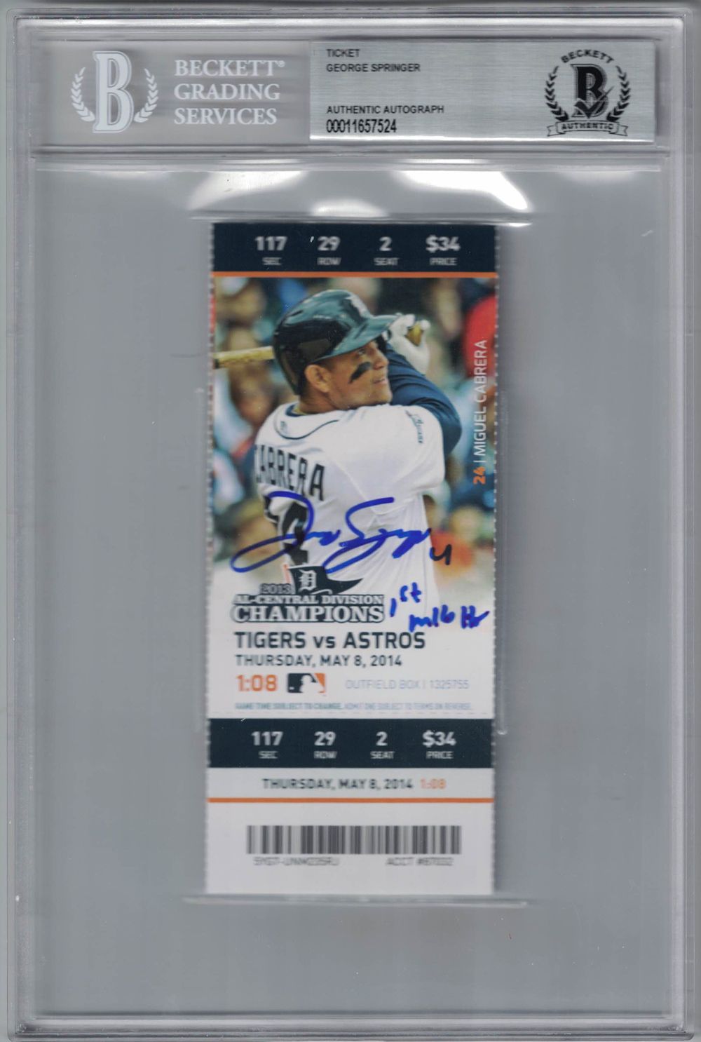 George Springer Autographed Houston Astros Ticket 1st MLb HR BAS Slab