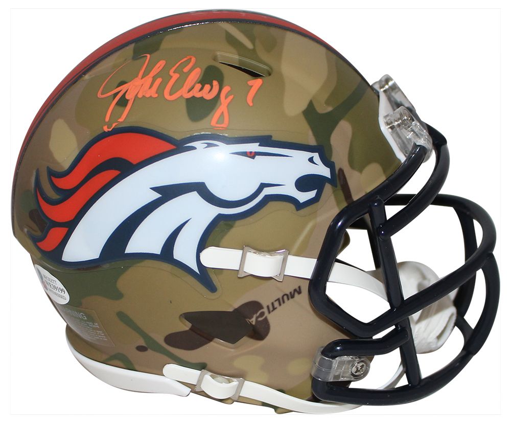 John Elway Autographed/Signed Denver Broncos Camo Mini Helmet BAS