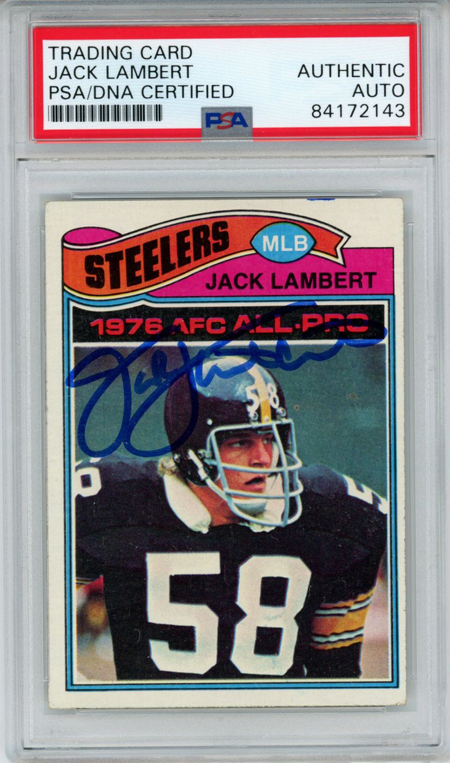 Jack Lambert Autographed Steelers 1977 Topps Trading Card #480 PSA Slab