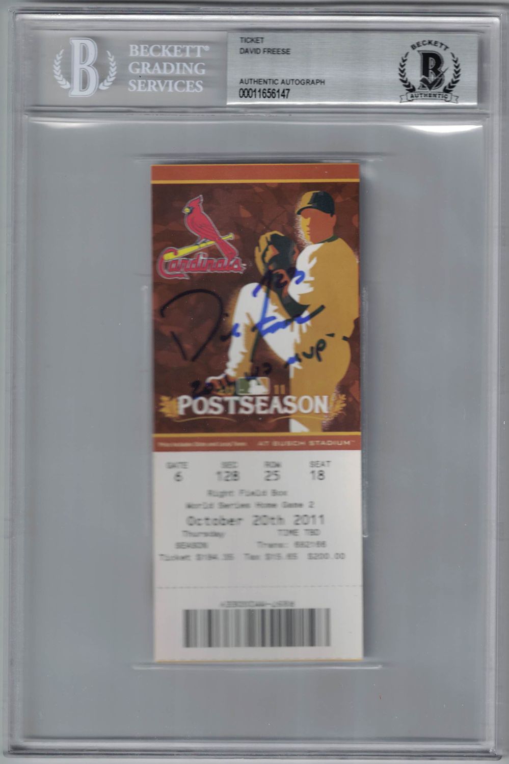 David Freese Autographed 2011 World Series Game 2 Ticket WS MVP BAS Slab
