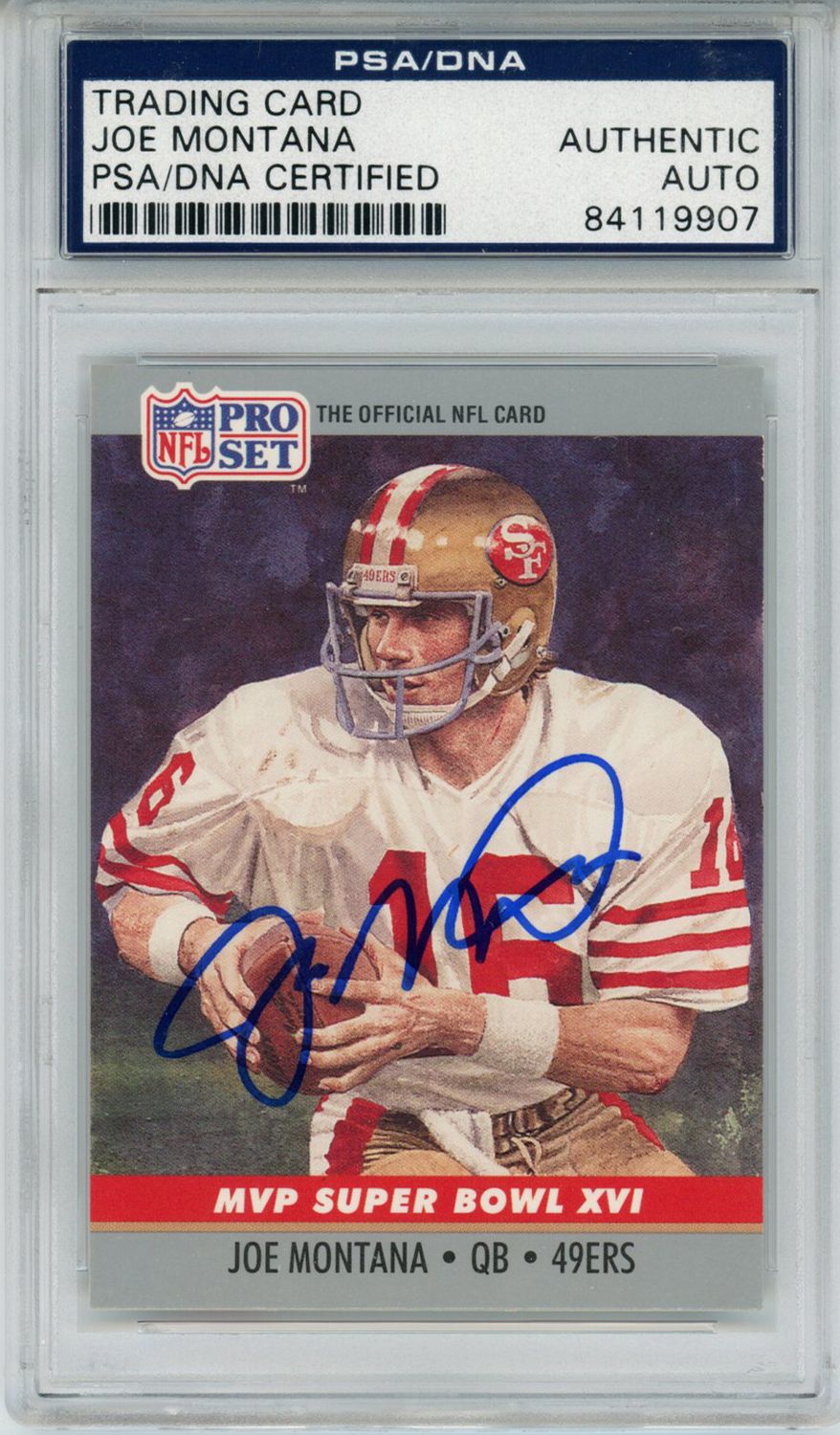 Joe Montana Autographed 49ers 1990 Pro Set #16 Trading Card PSA Slab